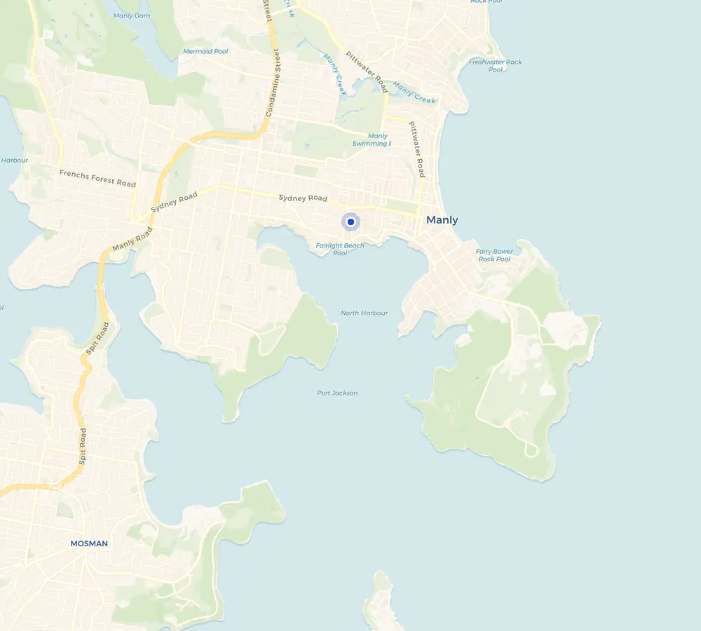 Map of the Fairlight service area and the surrounding Northern Beaches, showing Fairlight and the nearby streets we cover.