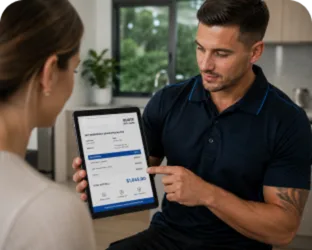 Plumber showing a Fairlight customer the quote on a tablet